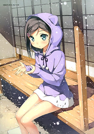 anime character in purple hoodie sitting on brown wooden bench