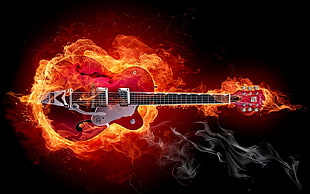 red and white electric guitar, guitar, 3D, artwork, fire