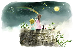 painting of two girl watching falling star