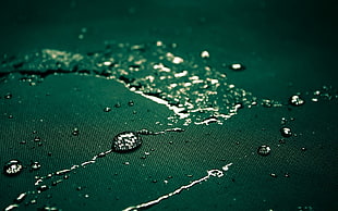 macro photography of water on green textile