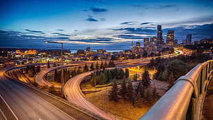gray metal road rail, Seattle, USA, city, night