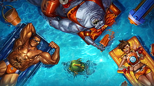 Overwatch illustration, video games, Tracer (Overwatch), swimming pool, muscles
