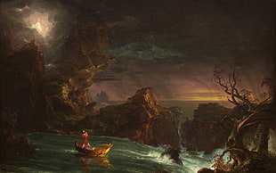person on boat illustration, Thomas Cole, The Voyage of Life: Manhood , painting, classic art