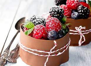 photography of red and blue berries on container
