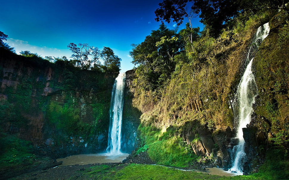 waterfalls surrounded by trees HD wallpaper