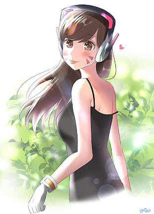 brown haired woman in black spaghetti strap tank top wearing gray headset anime illustration