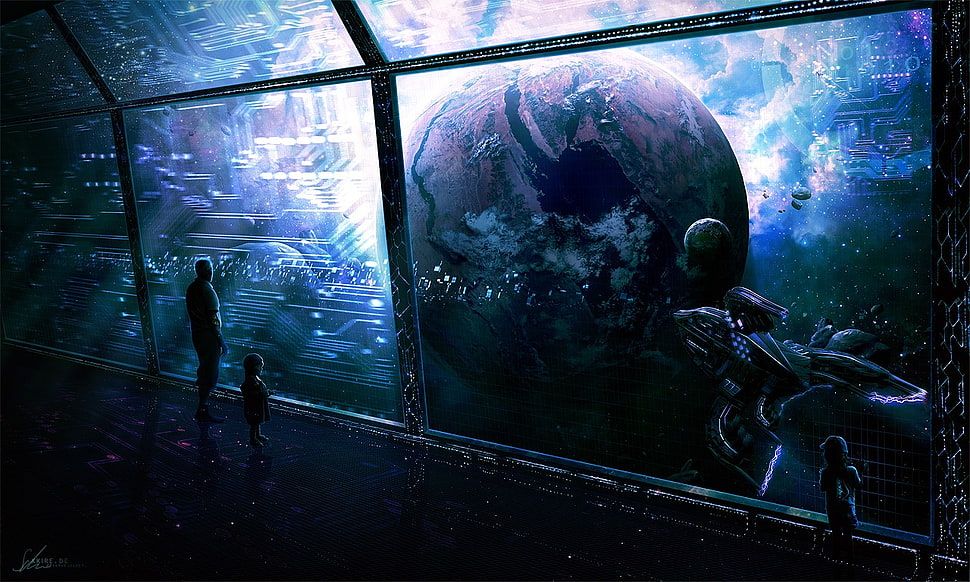 two persons looking at planet digital wallpaper, science fiction, people, planet, spaceship HD wallpaper