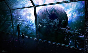 two persons looking at planet digital wallpaper, science fiction, people, planet, spaceship