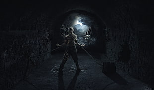person on chain inside the tunnel wallpaper, horror, fantasy art, werewolves