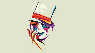 artwork of person with hat holding face with abstract colors