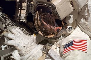 white U.S.A. space suit, space, universe, space suit, helmet HD wallpaper