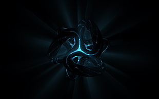 teal and black logo, black background, digital art, sphere, lights
