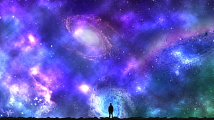 silhouette of person and galaxy painting, planet, night, isolation, clouds HD wallpaper