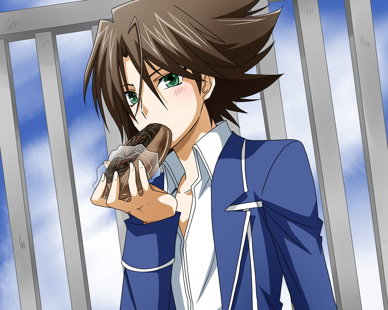 man with brown hair and wearing blue suit anime illustration