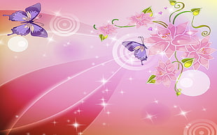 two purple swallowtail butterfly and flowers display wallpaper