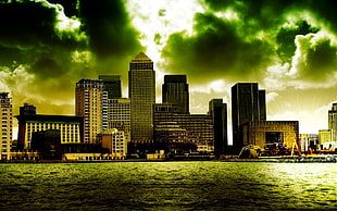 scenery of city building, cityscape, clouds, digital art, London
