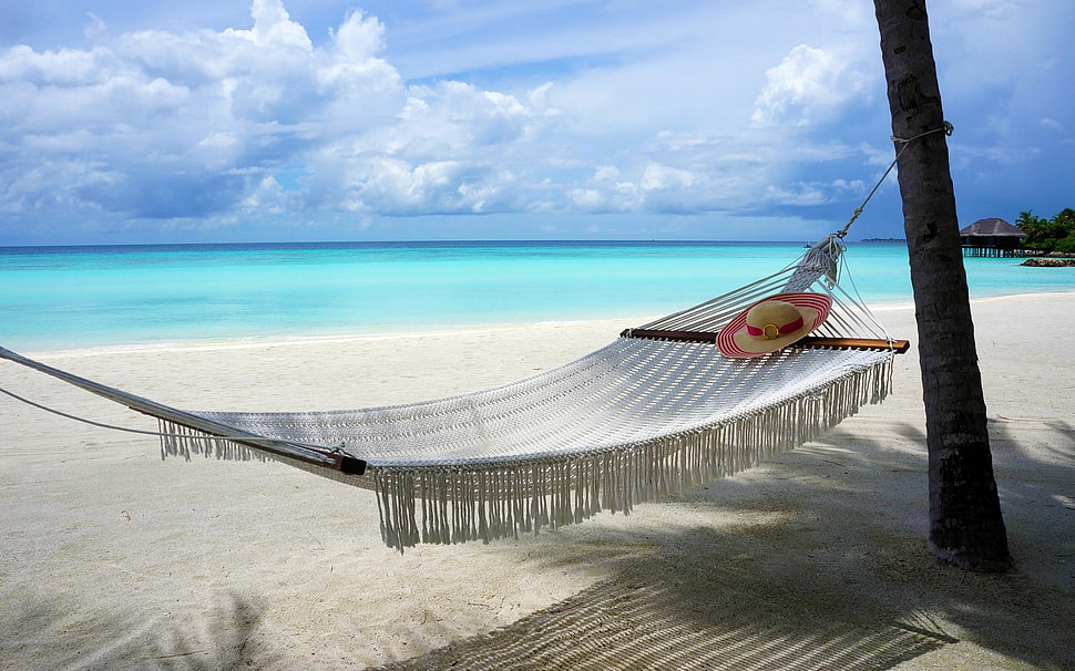 White knit hammock, beach, Maldives, island, nature HD wallpaper ...