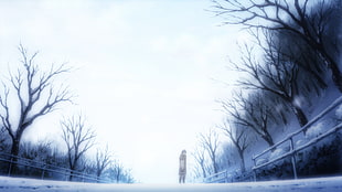 anime character on road between trees illustration, anime, winter, Clannad