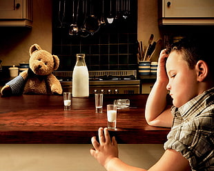brown bear plush toy, laughing, teddy bears, children, milk