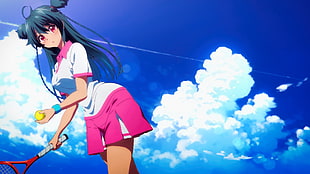 female anime character holding tennis ball and racket
