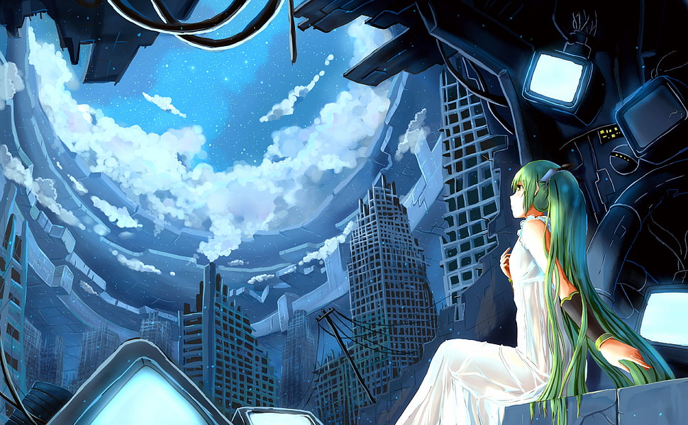 green haired girl in white dress looking up in the sky anime movie scene HD wallpaper