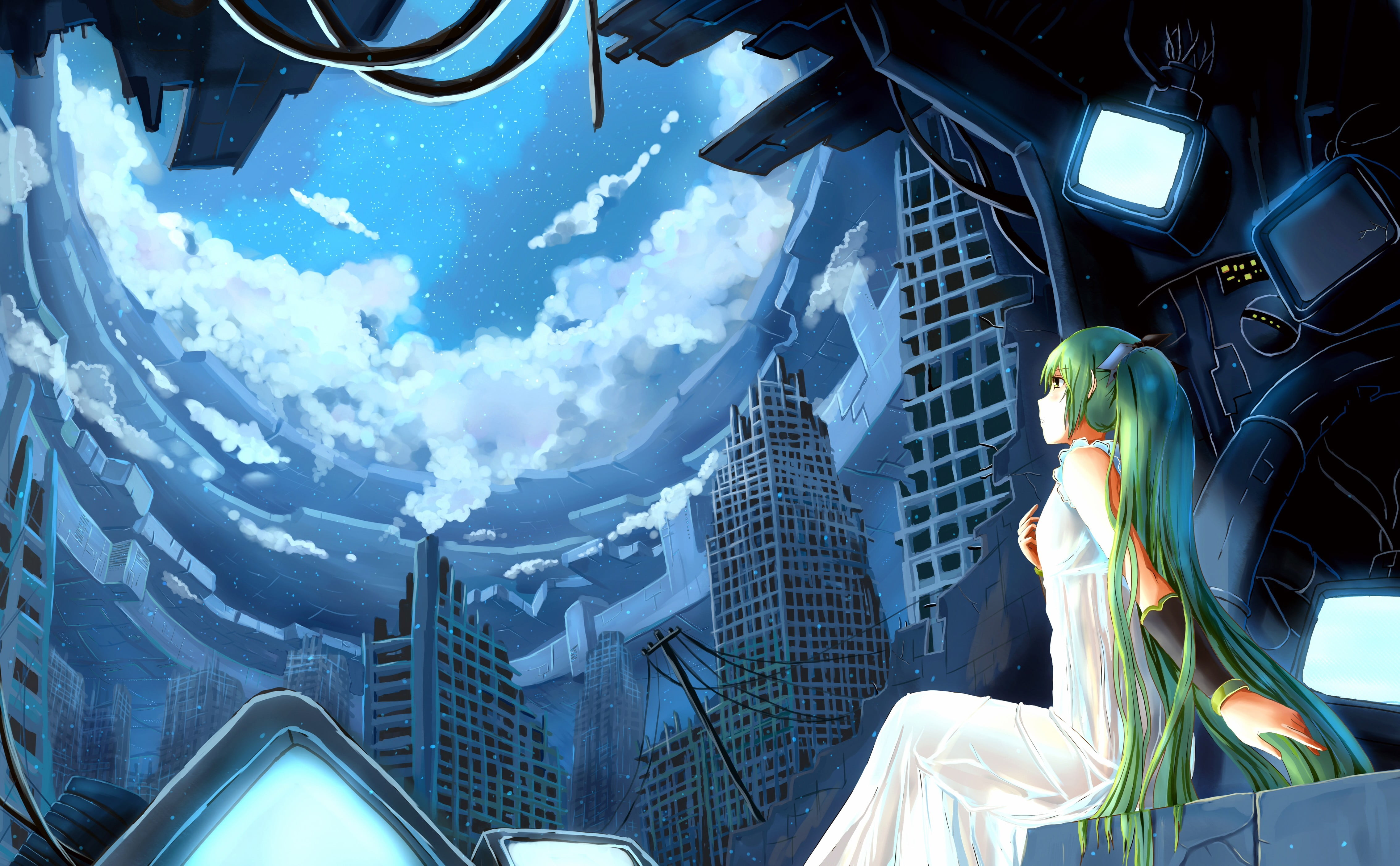 green haired girl in white dress looking up in the sky anime movie scene