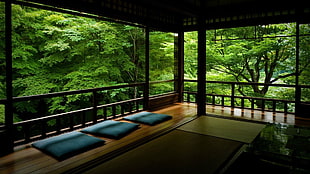 black and white bed frame, interior, trees
