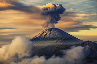 black mountain surrounded by clouds, landscape, volcano