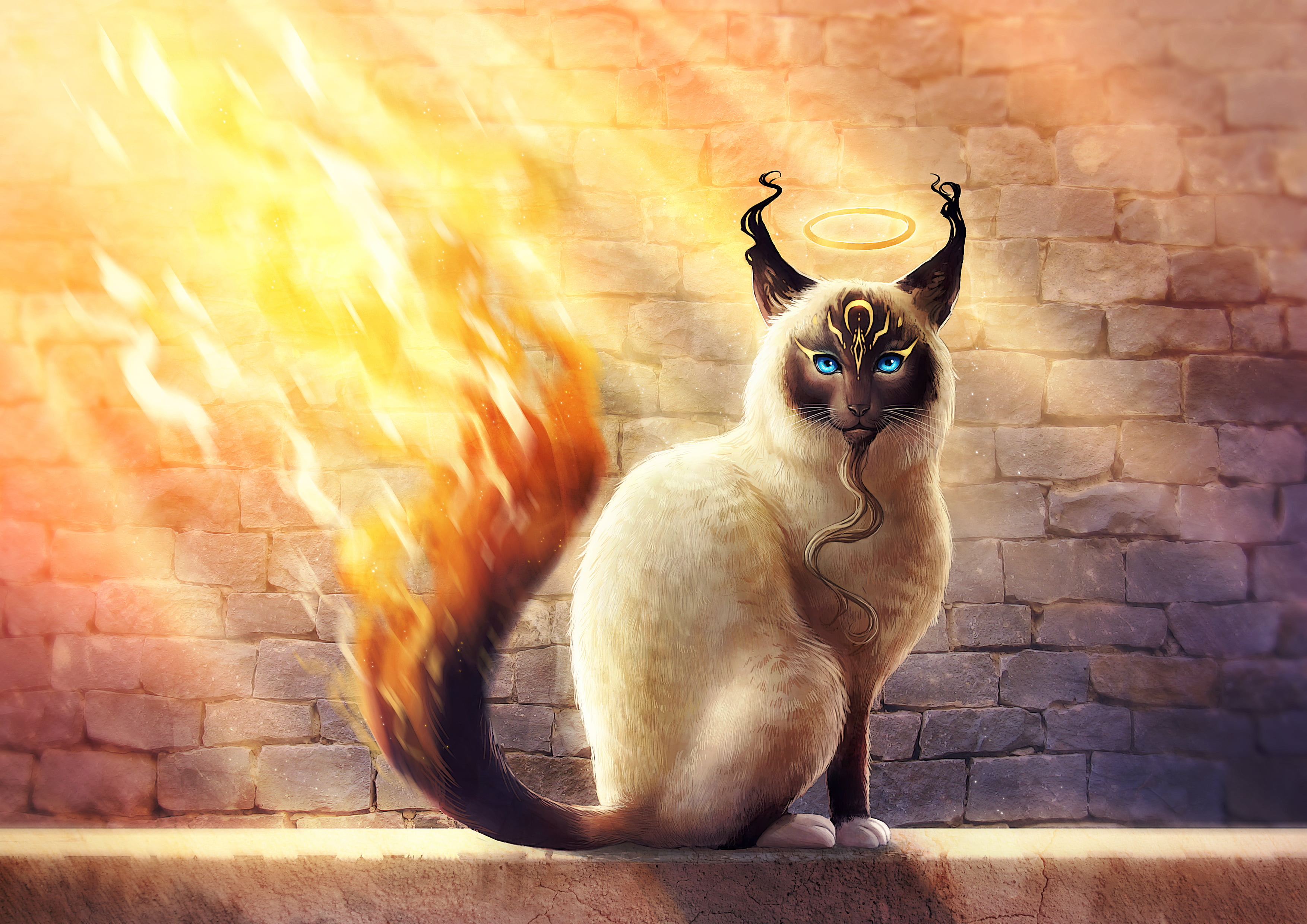 brown cat with flaming tail illustration