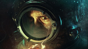 man wearing diving helmet graphic wallpaper, deep sea, divers, concept art, H. P. Lovecraft