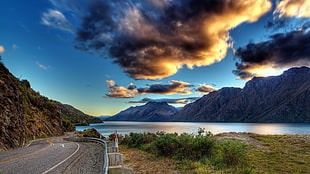 gray concrete road, road, clouds, mountains, sky