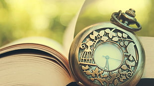 silver-colored pocket watch, books, macro, clocks, vintage