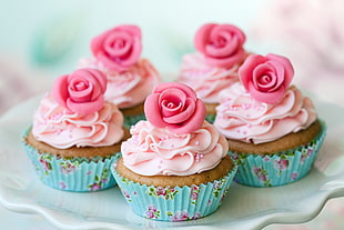 five cupcake with pink icings