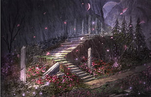 grey concrete stairs surrounded by pink flowers wallpaper, fantasy art, stairs