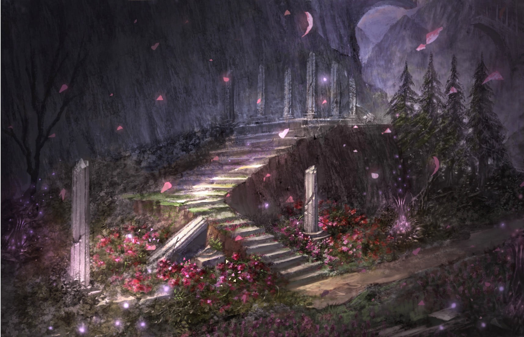 Grey Concrete Stairs Surrounded By Pink Flowers Wallpaper Fantasy Art Stairs Hd Wallpaper Wallpaper Flare
