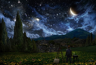 man painting during nighttime