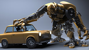 yellow robot and yellow sedan scale model