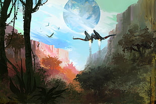 flying plane painting, science fiction, No Man's Sky, digital art, spaceship