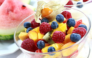 fruit salad serve on clear glass bowl