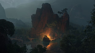 rock formation, forest, lake, artwork, campfire
