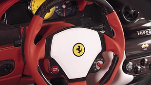white and red Porches steering wheel, Ferrari, car, steering wheel, car interior