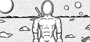 illustration of man with sword behind back, space, astronaut, ninjas