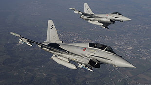 two gray jet planes, Eurofighter Typhoon, jet fighter, airplane, aircraft
