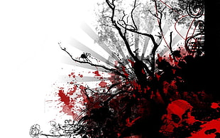 red and black abstract digital wallpaper, abstract, digital art, trees, skull