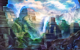 buildings near mountain illustration, fantasy art, fantasy city