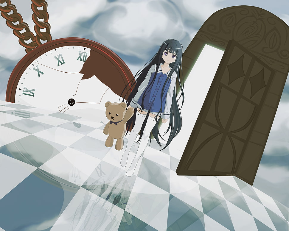 Animel girl with blue dress holding doll fan art HD wallpaper