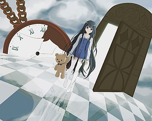 Animel girl with blue dress holding doll fan art HD wallpaper