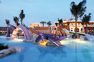 purple dragon in swimming pool HD wallpaper