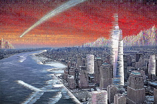 painting of city skyline, glitch art, New York City, pixel sorting, city