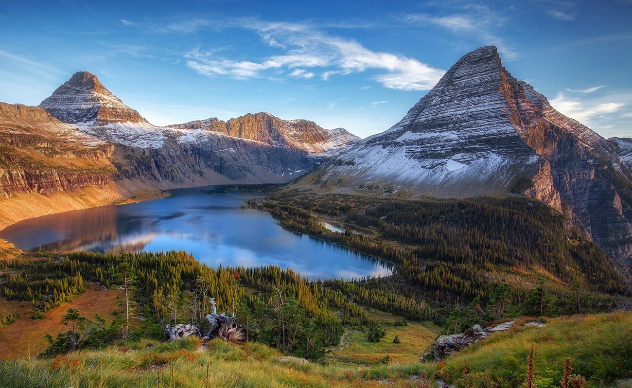 body of water and mountain range, nature, landscape, forest, Glacier National Park